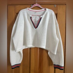 Free People Movement Crochet Knit Cropped Sweater Stripe Detail Size L